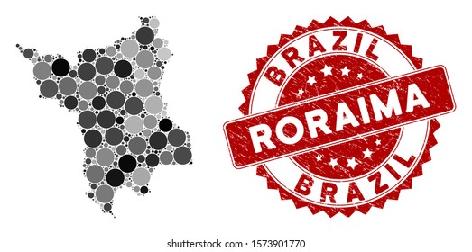 Mosaic Roraima State map and circle seal stamp. Flat vector Roraima State map mosaic of scattered circle items. Red stamp with rubber style. Designed for political and patriotic purposes.