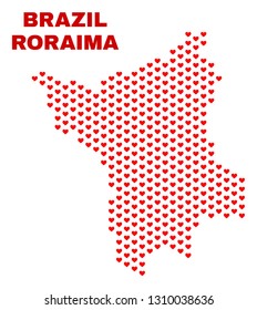 Mosaic Roraima State map of heart hearts in red color isolated on a white background. Regular red heart pattern in shape of Roraima State map. Abstract design for Valentine illustrations.