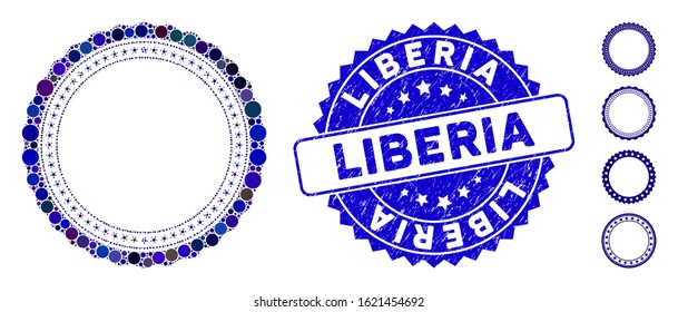 Mosaic rosette circular star frame icon and rubber stamp seal with Liberia text. Mosaic vector is designed from rosette circular star frame icon and with random round elements.