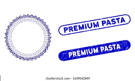 Mosaic rosette circular star frame and corroded stamp watermarks with Premium Pasta text. Mosaic vector rosette circular star frame is composed with randomized elliptic dots.