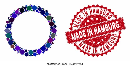 Mosaic rosette seal frame and corroded stamp seal with Made in Hamburg caption. Mosaic vector is formed with rosette seal frame icon and with scattered spheric spots.