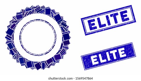 Mosaic rosette seal frame icon and rectangle rubber prints. Flat vector rosette seal frame mosaic icon of scattered rotated rectangle items. Blue caption seals with distress surface.