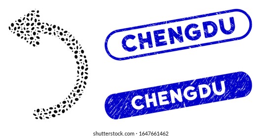 Mosaic rotate CCW and corroded stamp seals with Chengdu caption. Mosaic vector rotate CCW is composed with random ellipse spots. Chengdu stamp seals use blue color, and have round rectangle shape.