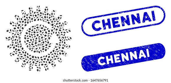 Mosaik rotieren Koch- und Gummi Stempeldichtungen mit Chennai-Satz. Die Mosaik-Vektorillustration-Rotationssäule wird mit verstreuten ovalen Flecken erzeugt. Chennai Stempelrobben verwenden blaue Farben und haben runde Rechteckform.
