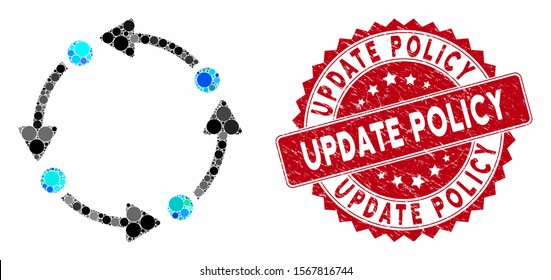 Mosaic rotate and corroded stamp seal with Update Policy caption. Mosaic vector is composed from rotate icon and with scattered spheric items. Update Policy stamp seal uses red color,