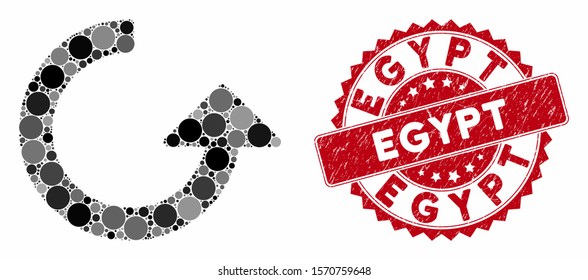 Mosaic rotate and corroded stamp seal with Egypt phrase. Mosaic vector is created with rotate icon and with random round elements. Egypt stamp uses red color, and dirty surface.