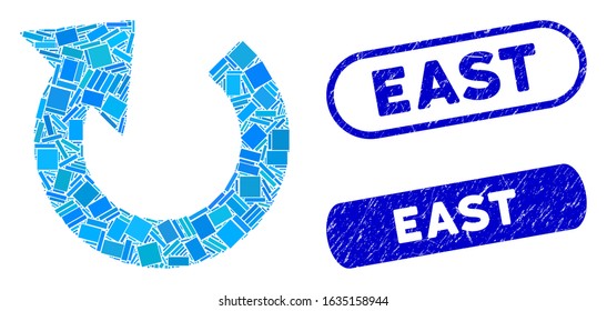 Mosaic rotate CW and distressed stamp seals with East caption. Mosaic vector rotate CW is designed with scattered rectangle items. East seals use blue color, and have round rectangle shape.