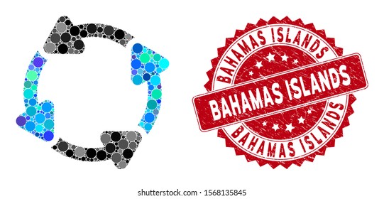Mosaic rotate CW and grunge stamp seal with Bahamas Islands caption. Mosaic vector is formed with rotate CW icon and with randomized circle elements. Bahamas Islands stamp uses red color,