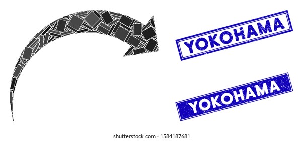Mosaic rotate CW pictogram and rectangle Yokohama watermarks. Flat vector rotate CW mosaic pictogram of scattered rotated rectangle items. Blue Yokohama watermarks with grunge texture.