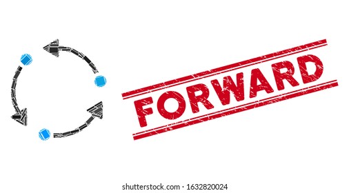 Mosaic rotate icon and red Forward seal stamp between double parallel lines. Flat vector rotate mosaic icon of scattered rotated rectangular elements. Red Forward seal stamp with rubber surface.