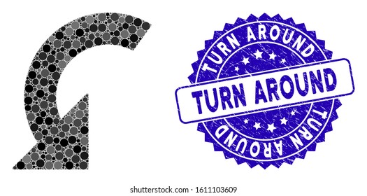 Mosaic rotate left icon and corroded stamp seal with Turn Around phrase. Mosaic vector is designed with rotate left icon and with scattered spheric elements. Turn Around seal uses blue color,