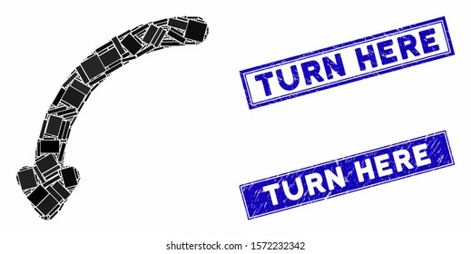 Mosaic rotate left icon and rectangle Turn Here stamps. Flat vector rotate left mosaic icon of random rotated rectangle items. Blue Turn Here stamps with corroded surface.