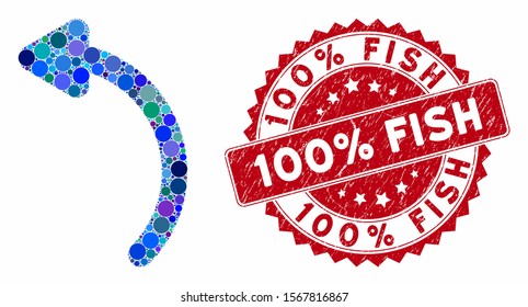 Mosaic rotate left and rubber stamp seal with 100% Fish text. Mosaic vector is designed with rotate left icon and with scattered round spots. 100% Fish stamp seal uses red color, and grunged texture.