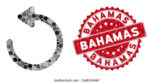 Mosaic rotate left and rubber stamp watermark with Bahamas text. Mosaic vector is composed with rotate left icon and with randomized circle elements. Bahamas stamp uses red color, and rubber texture.