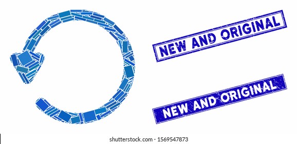 Mosaic rotate pictogram and rectangular rubber prints. Flat vector rotate mosaic pictogram of random rotated rectangle elements. Blue caption rubber seals with dirty texture.