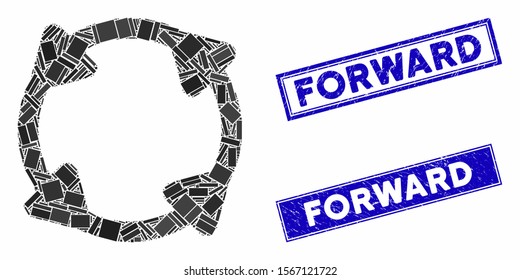 Mosaic rotate pictogram and rectangular seal stamps. Flat vector rotate mosaic pictogram of randomized rotated rectangular elements. Blue caption seal stamps with grunge texture.