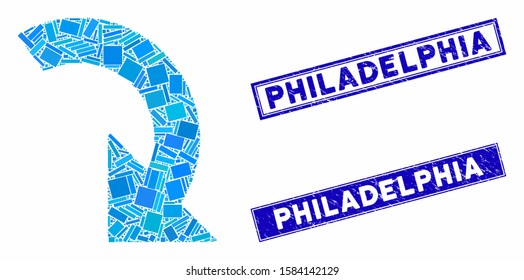 Mosaic rotate right icon and rectangular Philadelphia rubber prints. Flat vector rotate right mosaic icon of random rotated rectangle items. Blue Philadelphia rubber stamps with rubber textures.