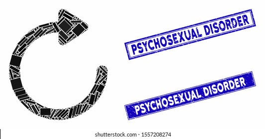 Mosaic rotate right pictogram and rectangle rubber prints. Flat vector rotate right mosaic pictogram of random rotated rectangular items. Blue caption rubber seals with rubber surface.