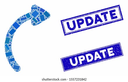 Mosaic rotate right pictogram and rectangle seal stamps. Flat vector rotate right mosaic pictogram of random rotated rectangle items. Blue caption seal stamps with corroded surface.