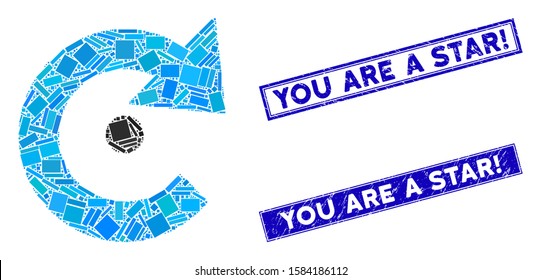Mosaic rotation center pictogram and rectangular You Are a Star! seals. Flat vector rotation center mosaic icon of scattered rotated rectangular elements.