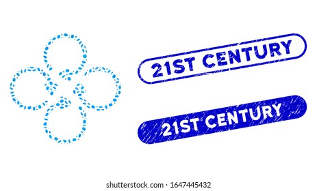 Mosaic rotation and grunge stamp seals with 21St Century phrase. Mosaic vector rotation is composed with randomized elliptic spots. 21St Century stamp seals use blue color,