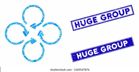 Mosaic rotation icon and rectangle watermarks. Flat vector rotation mosaic icon of scattered rotated rectangle elements. Blue caption watermarks with rubber texture.