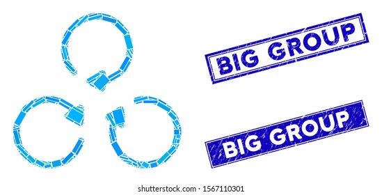 Mosaic rotation icon and rectangular rubber prints. Flat vector rotation mosaic pictogram of random rotated rectangular elements. Blue caption rubber seals with rubber texture.