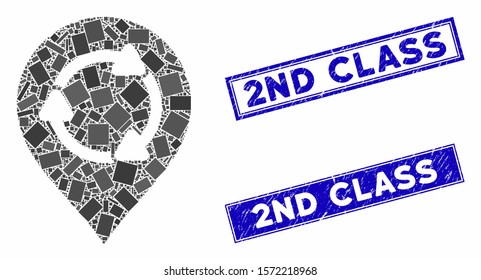 Mosaic rotation map marker icon and rectangular 2Nd Class seal stamps. Flat vector rotation map marker mosaic icon of randomized rotated rectangle items.