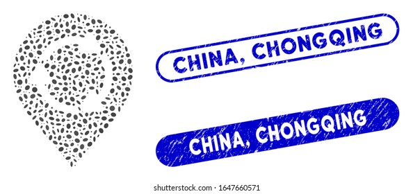 Mosaic rotation map marker and rubber stamp seals with China, Chongqing phrase. Mosaic vector rotation map marker is formed with scattered ellipse elements. China,