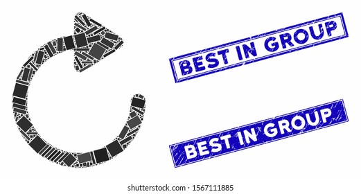 Mosaic rotation pictogram and rectangle rubber prints. Flat vector rotation mosaic pictogram of scattered rotated rectangular elements. Blue caption rubber seals with distress textures.