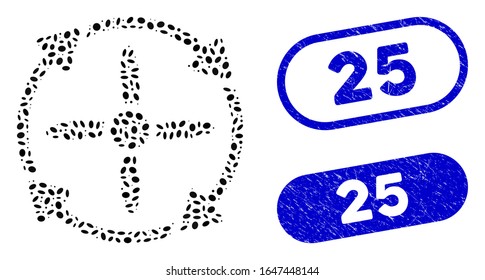 Mosaic rotor and grunge stamp seals with 25 phrase. Mosaic vector rotor is created with random oval spots. 25 stamp seals use blue color, and have round rectangle shape.