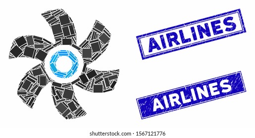 Mosaic rotor icon and rectangle stamps. Flat vector rotor mosaic icon of randomized rotated rectangle items. Blue caption seals with corroded textures.