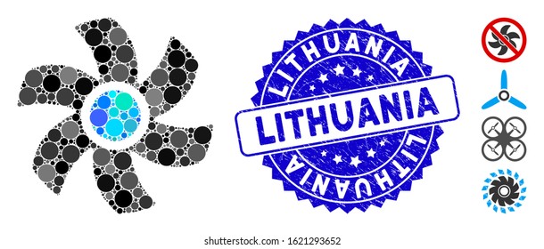 Mosaic rotor icon and rubber stamp watermark with Lithuania text. Mosaic vector is created from rotor icon and with random round elements. Lithuania stamp uses blue color, and dirty texture.