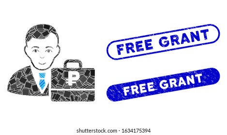 Mosaic rouble accounter and corroded stamp seals with Free Grant text. Mosaic vector rouble accounter is formed with random rectangle items. Free Grant stamp seals use blue color,