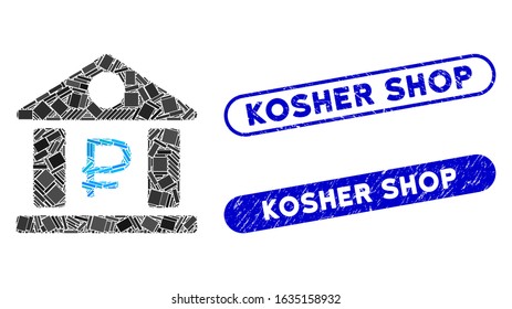 Mosaic rouble bank building and distressed stamp seals with Kosher Shop text. Mosaic vector rouble bank building is composed with randomized rectangle items. Kosher Shop seals use blue color,