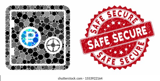 Mosaic rouble bank safe and distressed stamp seal with Safe Secure caption. Mosaic vector is formed with rouble bank safe icon and with randomized spheric elements.