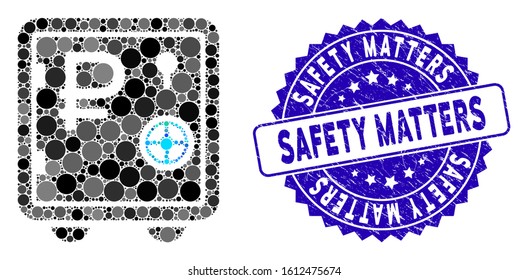 Mosaic rouble bank safe icon and grunge stamp seal with Safety Matters text. Mosaic vector is composed with rouble bank safe pictogram and with scattered round elements.