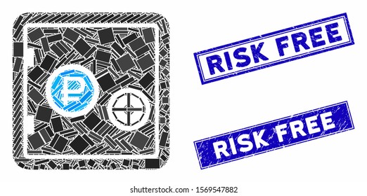 Mosaic rouble bank safe pictogram and rectangle rubber prints. Flat vector rouble bank safe mosaic pictogram of randomized rotated rectangle elements. Blue caption rubber seals with grunge surface.