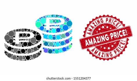 Mosaic rouble coin stacks and distressed stamp seal with Amazing Price! phrase. Mosaic vector is designed from rouble coin stacks icon and with randomized spheric elements.