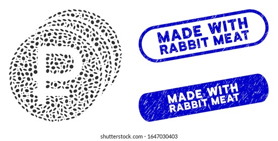 Mosaic rouble coins and grunge stamp seals with Made with Rabbit Meat text. Mosaic vector rouble coins is designed with random elliptic spots. Made with Rabbit Meat stamp seals use blue color,