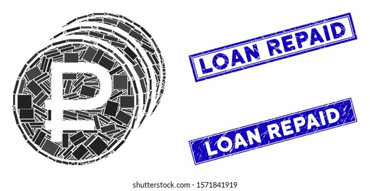 Mosaic rouble coins pictogram and rectangle Loan Repaid seal stamps. Flat vector rouble coins mosaic pictogram of random rotated rectangle items. Blue Loan Repaid watermarks with rubber textures.