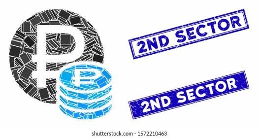 Mosaic rouble coins pictogram and rectangular 2Nd Sector seal stamps. Flat vector rouble coins mosaic pictogram of random rotated rectangular elements. Blue 2Nd Sector seal stamps with rubber texture.