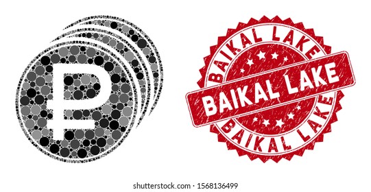 Mosaic rouble coins and rubber stamp seal with Baikal Lake text. Mosaic vector is composed with rouble coins icon and with random round elements. Baikal Lake stamp uses red color,