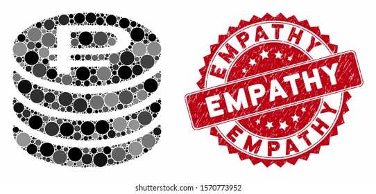 Mosaic rouble coins stack and distressed stamp watermark with Empathy phrase. Mosaic vector is created with rouble coins stack icon and with random spheric spots. Empathy stamp seal uses red color,