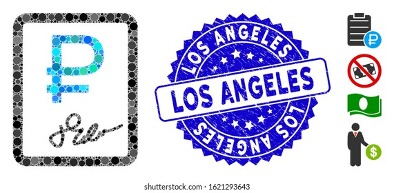 Mosaic rouble contract icon and rubber stamp watermark with Los Angeles phrase. Mosaic vector is created from rouble contract icon and with random circle spots. Los Angeles stamp uses blue color,