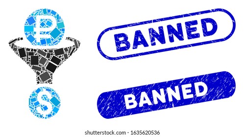 Mosaic rouble currency conversion and grunge stamp seals with Banned text. Mosaic vector rouble currency conversion is created with randomized rectangle items. Banned stamp seals use blue color,