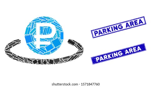 Mosaic rouble deposit pictogram and rectangle Parking Area seal stamps. Flat vector rouble deposit mosaic pictogram of random rotated rectangle elements.