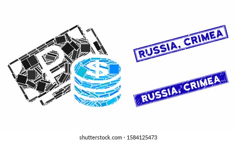 Mosaic rouble and dollar cash icon and rectangle Russia, Crimea seal stamps. Flat vector rouble and dollar cash mosaic icon of randomized rotated rectangle elements. Blue Russia,