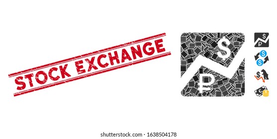 Mosaic rouble and dollar finances icon and red Stock Exchange stamp between double parallel lines. Flat vector rouble and dollar finances mosaic icon of randomized rotated rectangle elements.