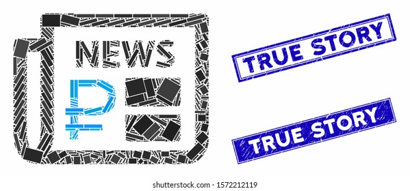 Mosaic rouble financial news icon and rectangular True Story rubber prints. Flat vector rouble financial news mosaic icon of scattered rotated rectangular elements.